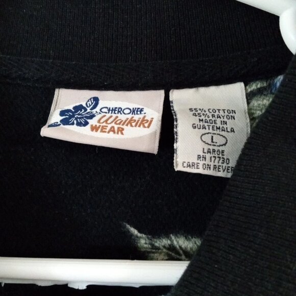 Cherokee Waikiki Wear Polo Shirt Men's Large Hawaiian Black Floral Short Sleeve - Picture 3 of 5